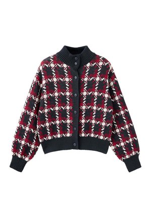 Cárdigan con botones con patrón de pata de gallo en negro, rojo y blanco, con cuello, puños y bajo acanalados en negro.
