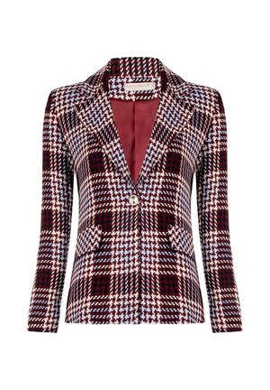 Blazer a scacchi houndstooth rosso e blu con rever a taglio, chiusura con un bottone e due tasche frontali. Realizzato in tessuto intrecciato testurizzato.