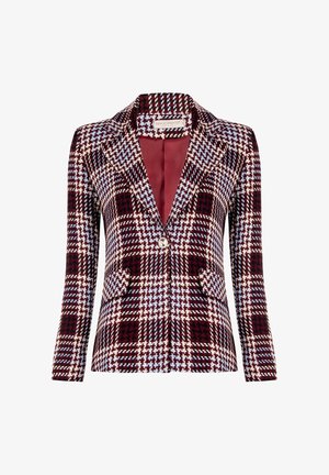 Blazer à carreaux vichy rouge et bleu avec des revers en asperge, fermeture à un bouton, et deux poches avant. Fabriqué en tissu tissé texturé.