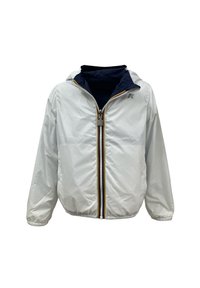 Giacca a vento bianca con fodera interna blu navy, realizzata in materiale nylon, con cappuccio e zip frontale con accenti gialli e blu navy.
