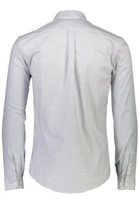 Koszula z długim rękawem z widokiem z tyłu, charakteryzująca się pionowymi niebieskimi i białymi paskami, klasycznym kołnierzykiem, mankietami na guziki oraz gładką bawełnianą fakturą.