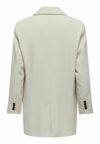 Blazer beige con rever a punta, maniche lunghe e polsini con bottone. Presenta una texture liscia e un design posteriore sagomato.