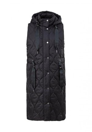 Lang sort quiltet ærmeløs frakke med hætte, knapper foran og justerbare snore på hætte og talje.