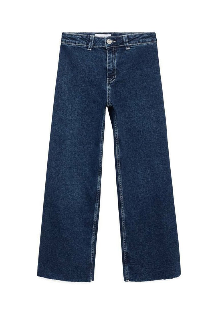 Široke traperice iz temno modrega denima, z visokim pasom, gumbom za zapiranje in surovimi robovi. Šivi se razlikujejo v svetlejšem niti.