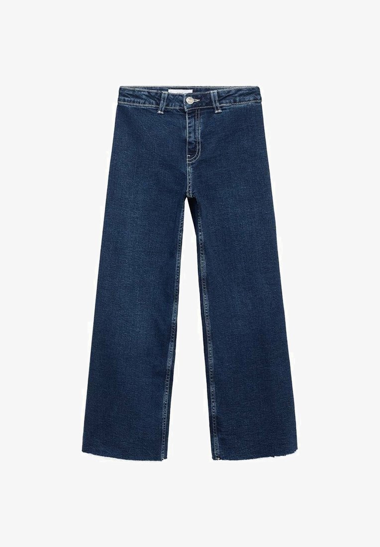 Široke traperice iz temno modrega denima, z visokim pasom, gumbom za zapiranje in surovimi robovi. Šivi se razlikujejo v svetlejšem niti.