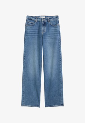 Jasnoniebieskie spodnie dżinsowe o szerokich nogawkach, z zapięciem na guzik, pięcioma kieszeniami i lekko przytartym wykończeniem, z prostymi nogawkami.