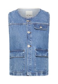 Ærmeløs blå denimvest med rund halsudskæring, tre knapper foran og tre klaplommer, en på brystet og to ved taljen.