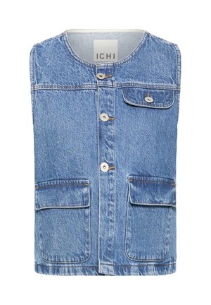 Veste en jean bleue sans manches avec encolure ronde, trois boutons à l'avant et trois poches à rabat, une sur la poitrine et deux à la taille.