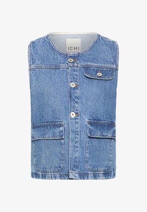 Veste en jean bleue sans manches avec encolure ronde, trois boutons à l'avant et trois poches à rabat, une sur la poitrine et deux à la taille.