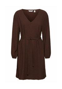 Robe marron texturée avec un col en V, des manches longues et une ceinture à nouer à la taille. Design simple, longueur genou et coupe décontractée.
