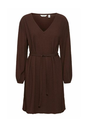 Brown textured dress with a V-neck, long sleeves, and a tie belt at the waist. Simple design, knee-length with a relaxed fit.