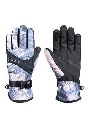 Schneehandschuhe mit einem blauen, schwarzen und pinken abstrakten Muster, ausgestattet mit einer strukturierten schwarzen Handfläche, verstellbarem Handgelenkriemen und elastischen Bündchen.