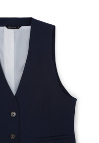 Gilet senza maniche blu navy realizzato in tessuto liscio, con profondo scollo a V, tre bottoni e tasche laterali per un aspetto dal taglio sartoriale.