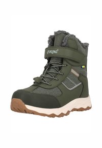 Groene stoffen wandelschoen met een harige voering, gestructureerd oppervlak, klittenbandsluiting en rubberen zool met een robuust looppatroon.