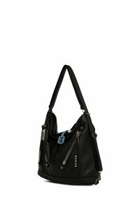 Čierna faux kožená taška na rameno s uvoľneným dizajnom. Obsahuje dve predné vrecká na zips a štýlové cvočky. Nastaviteľný popruh.