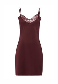 Abito slip bordeaux con spalline sottili regolabili, caratterizzato da un profondo scollo a V in pizzo, tessuto morbido e vestibilità rilassata.
