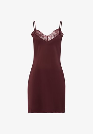 Burgundské šaty na ramínka s tenkými nastavitelnými popruhy, s krajkovým výstřihem ve tvaru V, hladkým materiálem a uvolněným střihem.