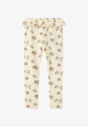 Leggings a coste in crema chiaro con stampa floreale rosa. Presentano una vita arricciata e gambe strette. Tessuto morbido, adatto per look casual.