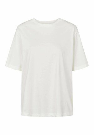 Preprosta bela majica kratkih rokavov z okroglim izrezom, sproščenega kroja, prikazana na belem ozadju.