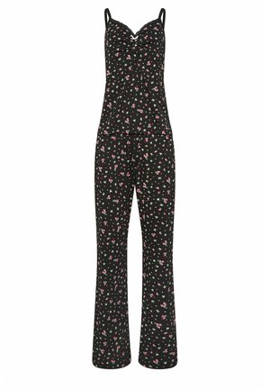 Sort ærmeløs pyjamassæt med tynde stropper, prydet med små lyserøde og hvide blomsterprint, løstsiddende bukser og blonder ved toppen af halsudskæringen.