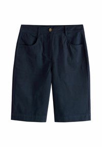 Shorts bleu marine en tissu mélange de coton, avec une fermeture à boutons sur le devant, deux poches latérales et une coupe droite.
