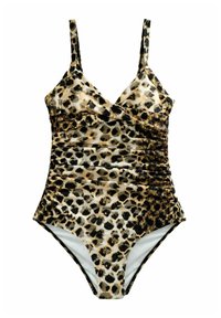 Eén stukje badpak met een luipaardprint in beige, zwart en bruin. Heeft verstelbare bandjes en gathers bij de taille.