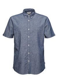 Korte mouwen overhemd met knoopsluiting in een donkerblauwe denim stof. Beschikt over een puntige kraag, knopen aan de voorkant en een gebogen zoom. Geleefde oppervlak.