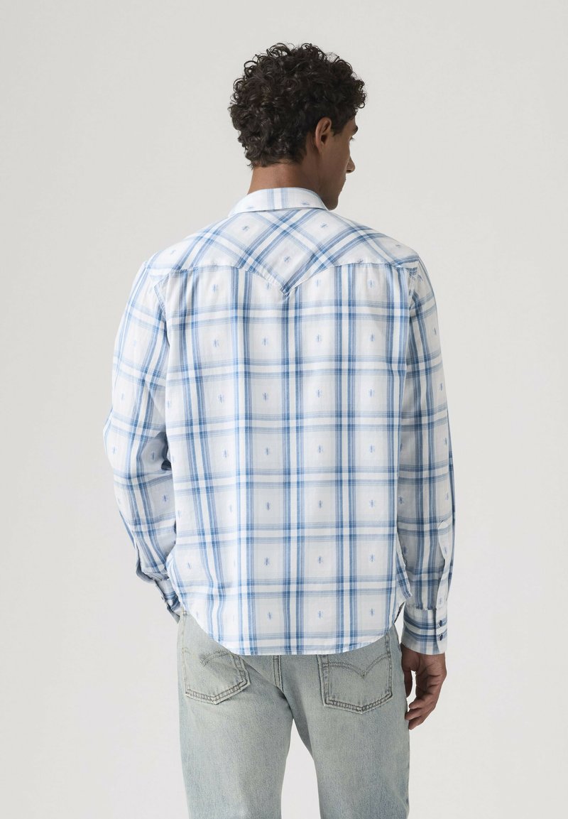 Mand med mørkt krøllet hår iført en hvid og blå ternet langærmet skjorte og jeans i lys vask, set bagfra mod en ensfarvet baggrund.