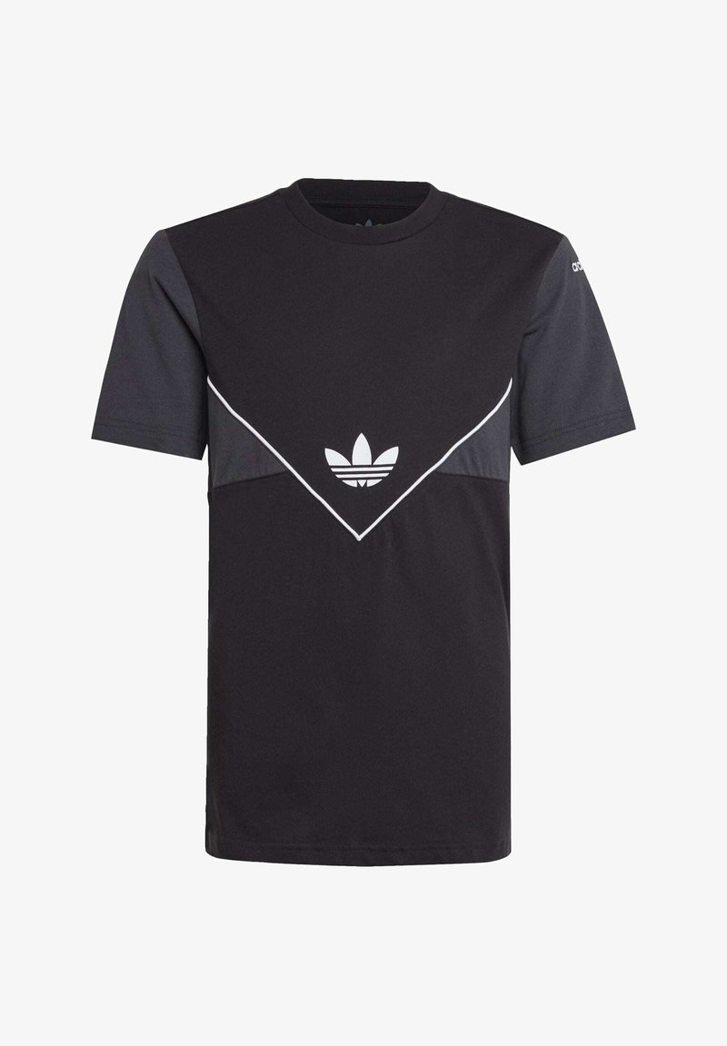 Czarny i ciemnoszary krótkim rękawem T-shirt z białym logo Adidas trefoil umieszczonym na środku przodu oraz białym obramowaniem w kształcie karo.