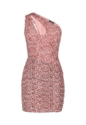 Rochie roz fără mâneci cu imprimeu maro leopard, design cu un umăr gol și material drapat pe o lungime mini mulată.