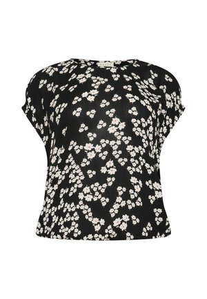Floral print blouse with short sleeves, black base, white flowers, and red accents. Lightweight fabric with a relaxed fit.