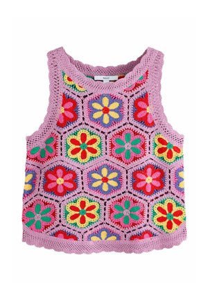 Crocheted sleeveless top with hexagonal flower patterns in red, yellow, green, purple, and pink on a lavender background.