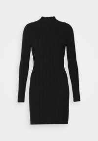 Vestido de punto negro con mangas largas, con textura acanalada y cuello alto. El diseño es ajustado y llega a la mitad del muslo.