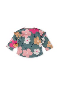 Langärmliges Oberteil in Blaugrün mit floralem Muster, das pinke, weiße und orangefarbene Blumen zeigt. Enthält Rüschendetails und einen Knopfverschluss an der Schulter.