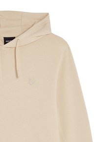 Beige Kapuzensweatshirt aus weichem Stoff, mit einem dezenten gestickten Schmetterlingslogo auf der linken Brust und einer Kordelzugverschluss.