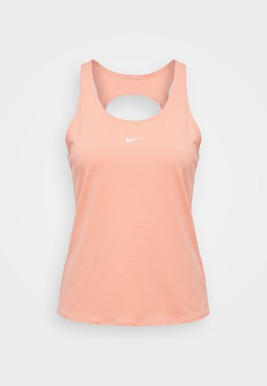 Débardeur de sport rose sans manches avec design dos nageur et petit logo blanc Nike Swoosh sur la poitrine.