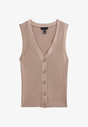 Top de punto sin mangas de color marrón claro con escote en V, textura acanalada y cinco botones en la parte frontal. Diseño sencillo apto para llevar en capas.