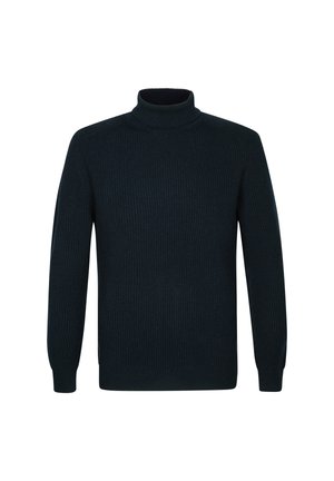 Maglione a collo alto ribbed verde scuro con maniche lunghe, caratterizzato da un colletto alto e una finitura testurizzata. Design semplice e aderente.