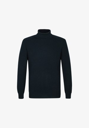 Ciemnozielony sweter z golfem, prążkowany, z długimi rękawami, z wysokim kołnierzem i teksturowanym wykończeniem. Prosty i dopasowany fason.