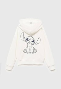 Bílá mikina s kapucí, která má na zádech ilustraci karikatury. Design má dlouhé rukávy a stahovací kapuci.