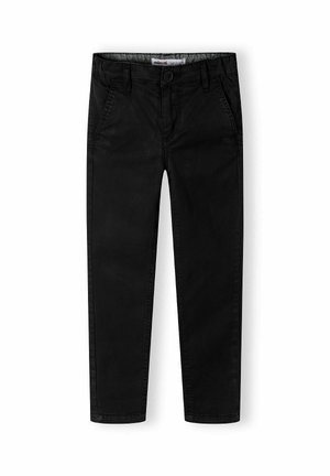 Pantalons en coton noir à coupe droite, avec des poches avant, un bouton de fermeture et une texture subtile. Pas de motifs ni d'accents visibles.