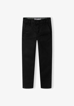 Pantalones de algodón negros con corte recto, que presentan bolsillos frontales, un cierre de botón y una textura sutil. Sin patrones ni acentos visibles.