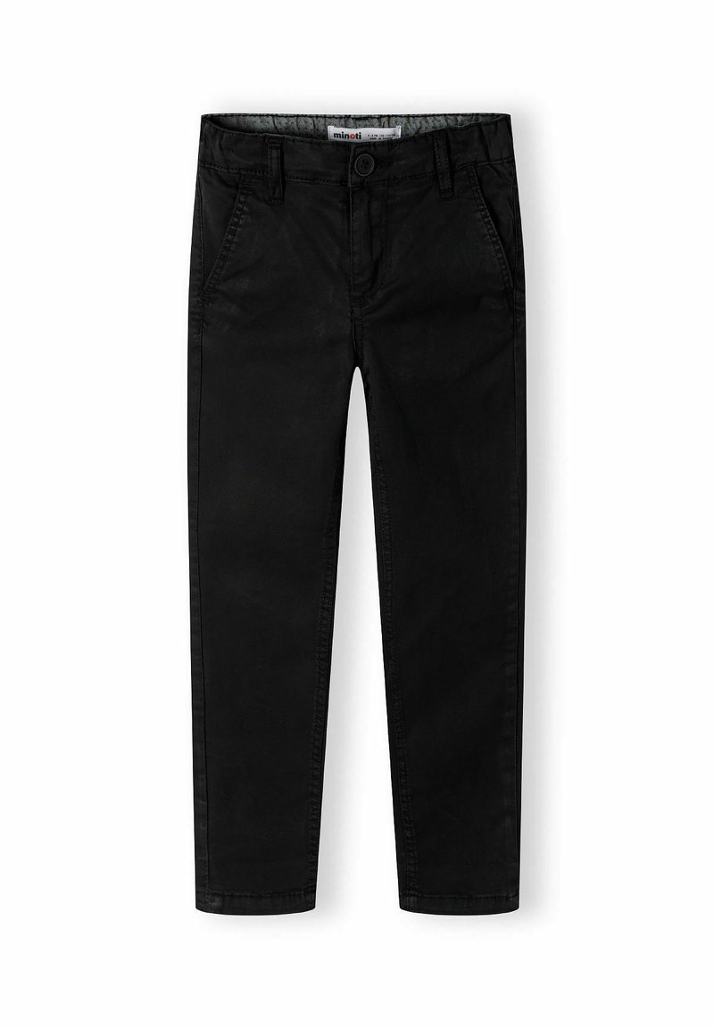 Pantalons en coton noir à coupe droite, avec des poches avant, un bouton de fermeture et une texture subtile. Pas de motifs ni d'accents visibles.