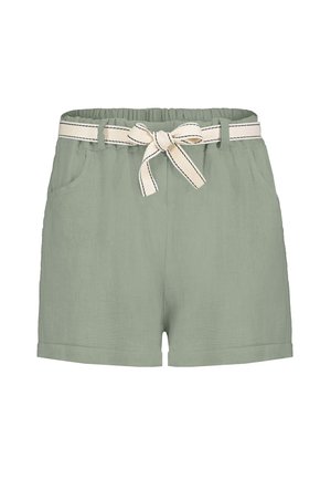 Hellgrüne High-Waist-Shorts mit einem elastischen Bund und einem weißen Stoffgürtel mit schwarzer Naht, der gebunden ist, mit aufgesetzten Taschen vorne.