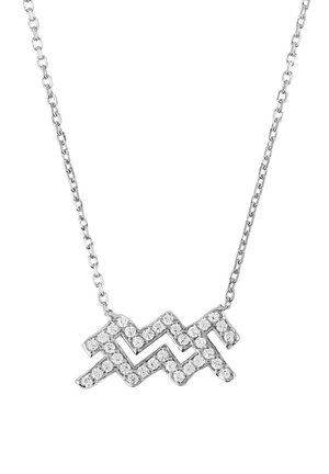 Silver necklace with a zigzag pendant decorated with clear, small rhinestones; features a fine chain link design.