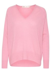 Różowy sweter z dekoltem w kształcie litery V, długimi rękawami, ściągaczami na mankietach i u dołu, miękką teksturą oraz lu�źnym krojem. Wykonany z lekkiego, przytulnego materiału.