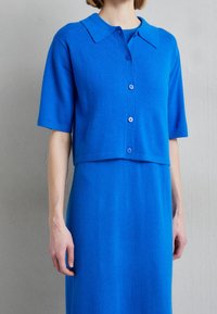 Kortärmad blå stickad topp med knäppning fram och krage, i kombination med en matchande blå klänning, mjuk textur, något kortare design.