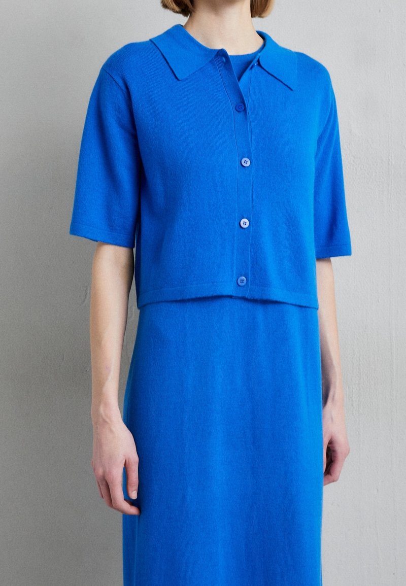 Kortärmad blå stickad topp med knäppning fram och krage, i kombination med en matchande blå klänning, mjuk textur, något kortare design.
