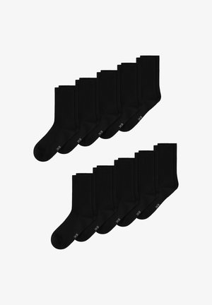 Czarne bawełniane skarpetki, 12 par, w długości do połowy łydki, gładka tekstura, jednolity kolor, subtelne logo blisko ściągacza, minimalistyczny design.