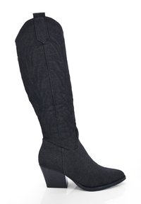 Black denim cowboy boot with a pointed toe, mid-calf height, and textured floral pattern. Features a chunky heel and stitch detailing.